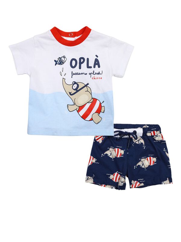 Boys White & Blue Printed T-Shirt with Short Pants image number 0